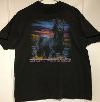 True Vtg 1990 3d Emblem Wild Mustang Horse Thin Black Made Usa Xl T - Shirt