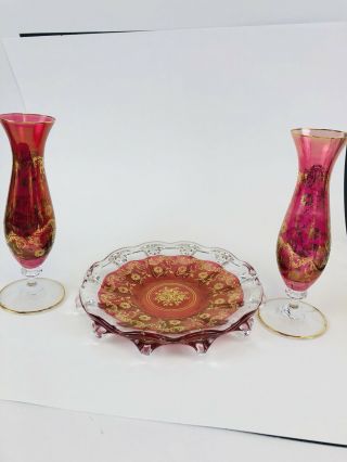 Vintage 3 Pc Set Pink Cranberry Glass Bud Vase Gold Overlay Trim Cake Plate