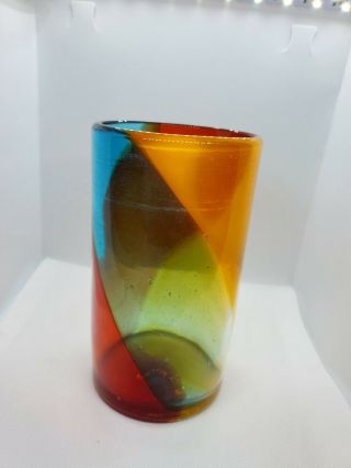 Art Glass Hand Blown Tumbler Vase Shades Of Red Yellow & Blue