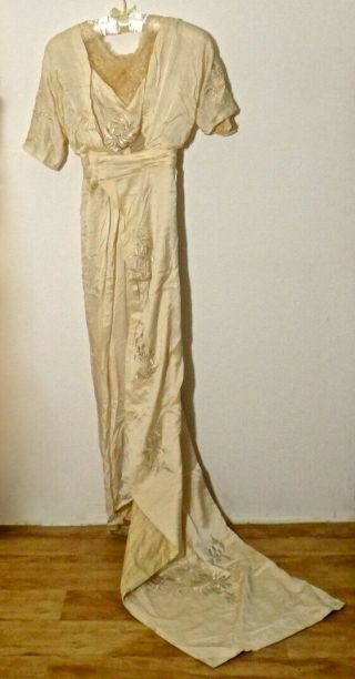 1930s Satin Wedding Gown W/ Train,  Ivory,  Floral Embroidery & Lace