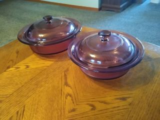 Vision Ware Ribbed Cranberry 24 Oz & 1 Quart Casserole Baking Dishes With Lids