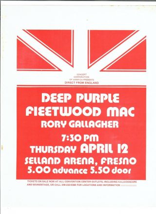 Fleetwood Mac Deep Purple Rory Gallagher 1973 Fresno Concert 8 " X 11 " Handbill