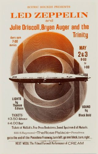 Heavy Metal Rock: Led Zeppelin At Pasadena California Concert Poster 1969 12x18