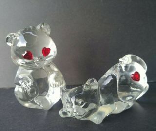 Fenton Bear & Cat Clear Glass Figurines - Ruby Red Hearts Vintage Paperweights