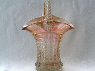 Imperial Monticello Waffle Block Clambroth Carnival Glass 9 3/4” Basket
