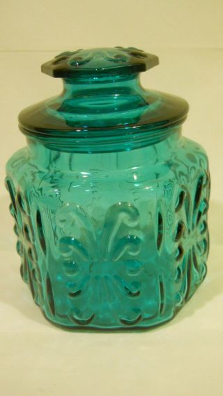 Le Smith Blue Teal Atterbury Scroll Glass Canister Vintage 6 " Aqua