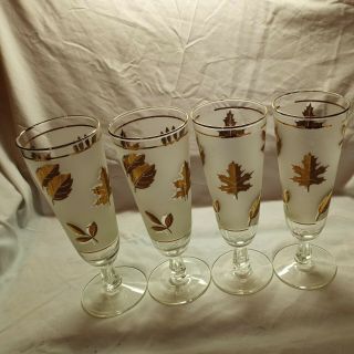 (4) Vintage Libbey Frosted Gold Leaf Foliage Stemmed Footed Pilsner Glasses