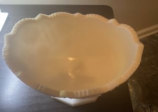 Vintage Milk Glass Pedestal Fruit Bowl Ruffled Edges Centerpiece 6” Tall 3