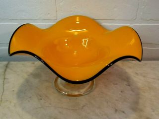 TELEFLORA Ruffled Glass 1960 ' s Orange w/ Brown edge Pedestal Bowl Dish Vintage 2