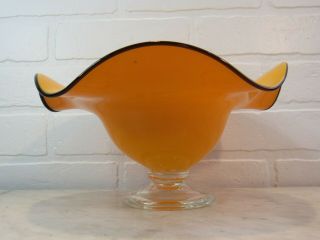 TELEFLORA Ruffled Glass 1960 ' s Orange w/ Brown edge Pedestal Bowl Dish Vintage 3