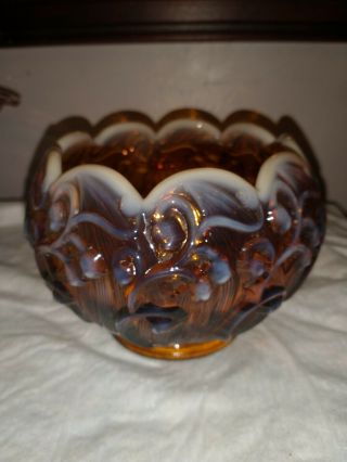 Vtg Fenton Glass Lily Of The Valley Opalescent Cameo Rose Bowl - Topaz/amber