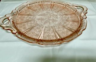 Vintage Pink Depression Glass Cherry Blossom Pattern Double Handle Cake Plate