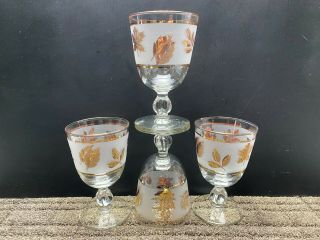 Set Of 4 Vintage Libbey Frosted Gold Leaf Footed Glasses Goblets 5 3/8 " Tall
