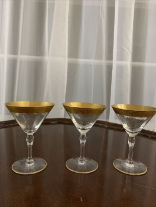 Set 3 Vintage Crystal Glass Embossed Gold Rimmed Trimmed Martini Glass