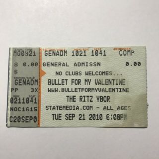 Bullet For My Valentine The Ritz Ybor Florida Concert Ticket Stub September 2010