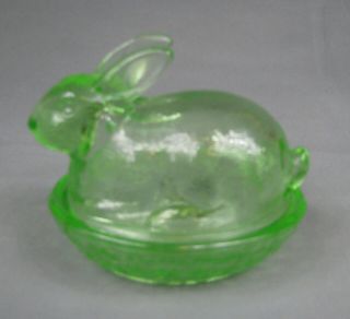 Le Smith Glass Green Bunny Rabbit On A Nest Vintage Covered Candy Dish