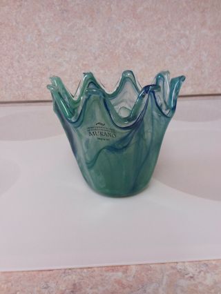 Murano 5 " Blue And Green Art Glass Vase Hand Made In Italy