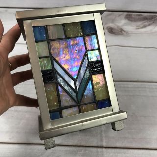 Tiffany Style Stained Glass Candle Holder Metal Frame Square 6.  5 X 4.  5