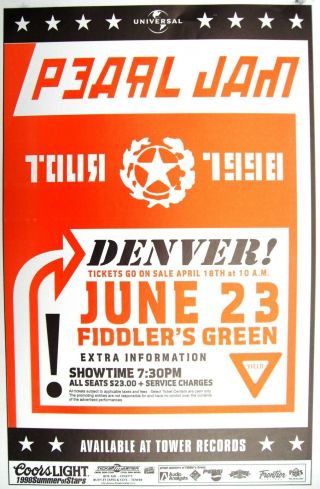 Pearl Jam " Yield Tour 1998 " Denver Concert Poster - Grunge Music Lives