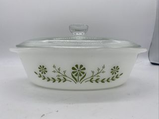 Vintage Glasbake Casserole Dish J235 1 Qt Green Daisy Milk Glass W/lid Oval 10in
