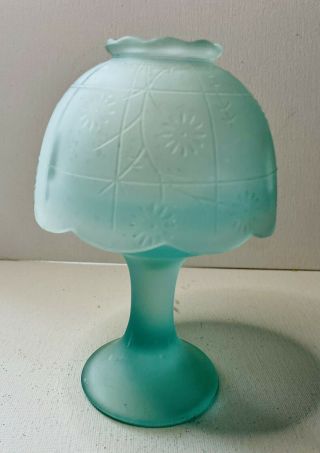 Vintage Blue Frosted Glass Fairy Lamp With Floral Design Pattern 5.  5”lx4”w