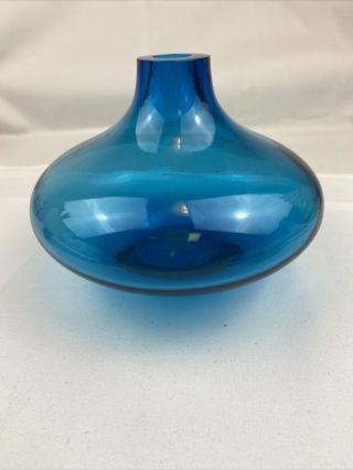 Vintage Mcm Viking? Colonial Blue Blunique Squat Art Glass Bud Vase