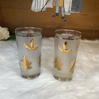 Set Of 2 Vintage Libbey Frosted Gold Leaf Tall Iced Tea Glasses Mid Century