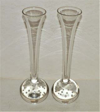 2 Vintage Retro Clear Art Glass Controlled Bubble Bud Vases 6.  5 "