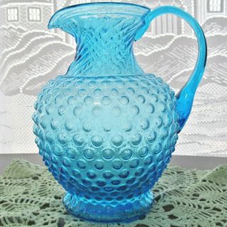 Blue Tiara Indiana Glass Hobnail 8 1/4 " Pitcher Vase Blown Art Fenton Swirl Top