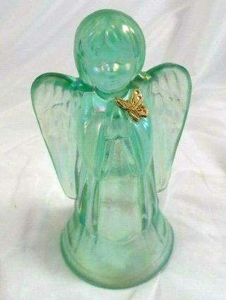 Vintage Fenton Iridescent Green Angel Art Glass Statue Figurine Gold Butterfly