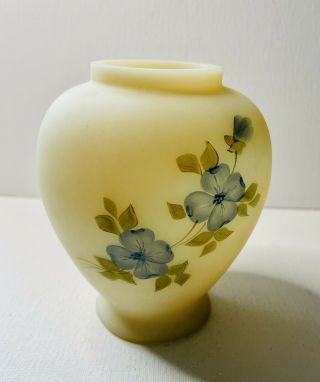 Fenton Yellow Satin Glass Vase Blue Roses Hand Painted Signed By Sandy Kelley