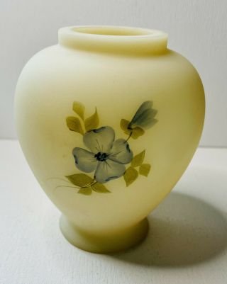Fenton Yellow Satin Glass Vase Blue Roses Hand Painted Signed By Sandy Kelley 2