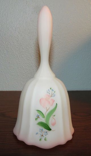 Vtg Fenton Art Glass Satin White With Pink Hues Glass Bell Hand - Painted Signed