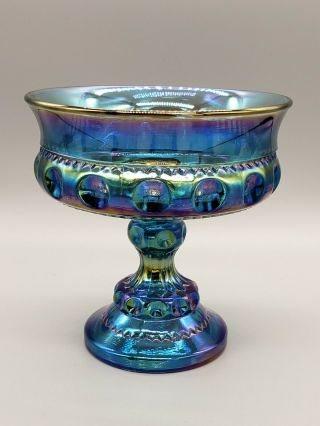 Vintage Indiana Kings Crown Blue Iridescent Carnival Glass Pedestal Compote Bowl