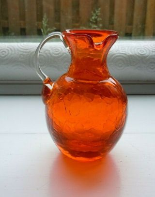 Crackle Glass,  Side Pour Pitcher,  Orange With Clear Handle,  Hand Made