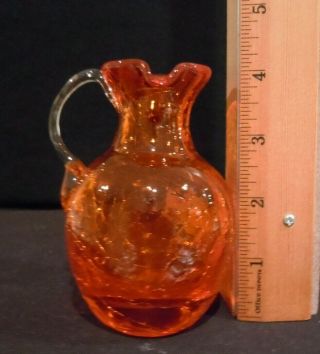 Crackle Glass,  Side Pour Pitcher,  Orange with Clear Handle,  Hand Made 2