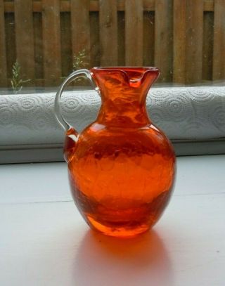 Crackle Glass,  Side Pour Pitcher,  Orange with Clear Handle,  Hand Made 3