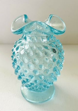 Vintage Fenton Glass Aqua Opalescent Hobnail 4” Ruffle Top Vase