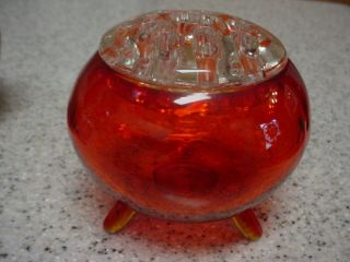 Vintage Viking Ruby Red Glass & Crystal Flowerlite Footed Rose Bowl Flower Frog