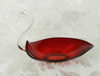 Duncan & Miller Swan Bowl Ruby Red Elegant Art Glass Crystal Neck Dish 12 " L