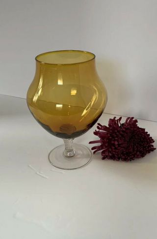 Mid - Century Modern Amber Art Glass Large Pedestal Brandy Snifter Vase 2