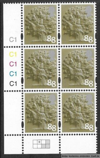Gb/england 2001/16 88p Plate Block,  Sg Xen34/en33,  Plate C1 (x5).  Mnh