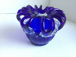 Gorgeous Cobalt Blue & Clear Hand Blown Art Glass Scalloped Decor Piece Vase