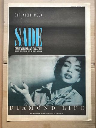 Sade Diamond Life Poster Sized Music Press Advert From 1984 - Printed O