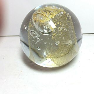Crystal Ball Paperweight With Gold Flakes Big And Small Bubbles 3 " Round