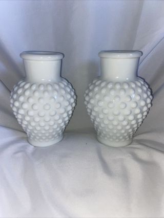 Vintage Hobnail White Milk Glass Vases 5 " Tall.  Flawless Set Of 2