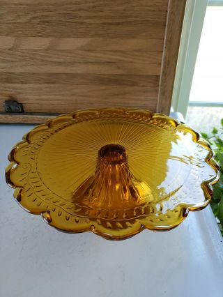 Vintage Amber Glass Pedestal Cake Plate Scalloped - 9.  5 " Wide 3 " Tall,  Flaw