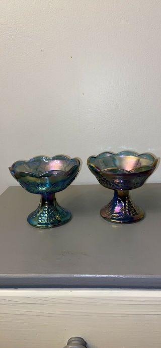 Blue Carnival Glass Candle Holders Harvest Grape Pattern