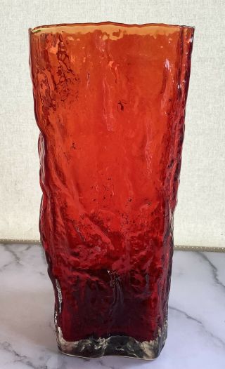 Vintage Japanese Two Tone Red Orange Glass Bark Vase 8 Inches Rectangle Shape