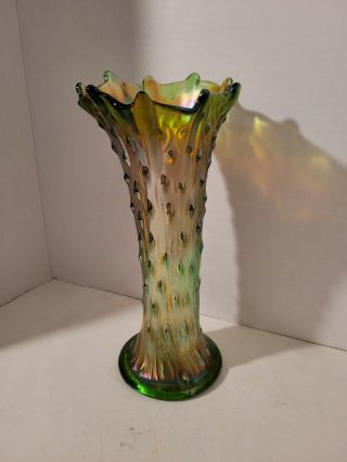 Vintage Green Carnival Gass Hobnail 9.  5 " Vase Mid Century Tree Trunk Swung
